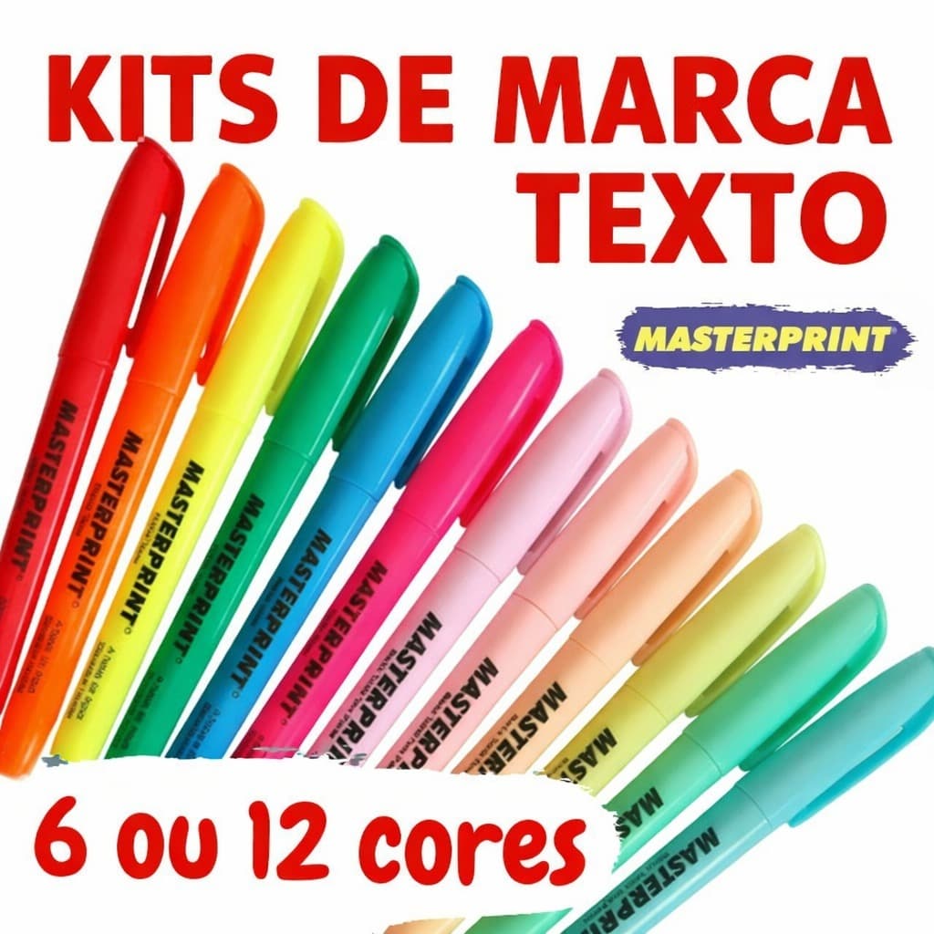 Kit 6 ou 12 Marca Texto (6 Neon + 6 pastel) Caneta Marca Textos Masterprint