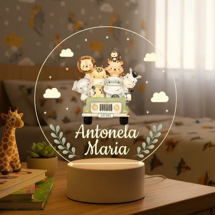 Luminária Safari LED 7 cores RGB Personalizada nome Criança, Decoração, Bebê, Presente, Leão, Girafa, Elefante, Zebra