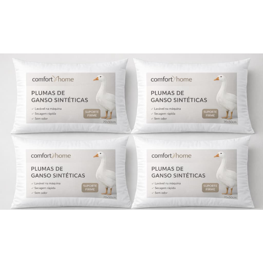 Kit 4 Travesseiros Pluma de Ganso 50x70 Luxo Toque Macio Confortável Antialérgico Antiácaro Siliconada Padrão Hotel