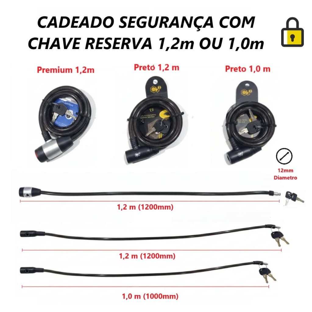 Trava de Segurança Cabo de Aço Revestido 2 Chaves Alta Resistência Universal Moto Bike corrente 12mm