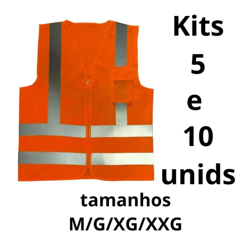 Kit 5 a 10 Colete Refletivo Laranja Fluorescente Plastcor com 1 Bolso MGXGXXG