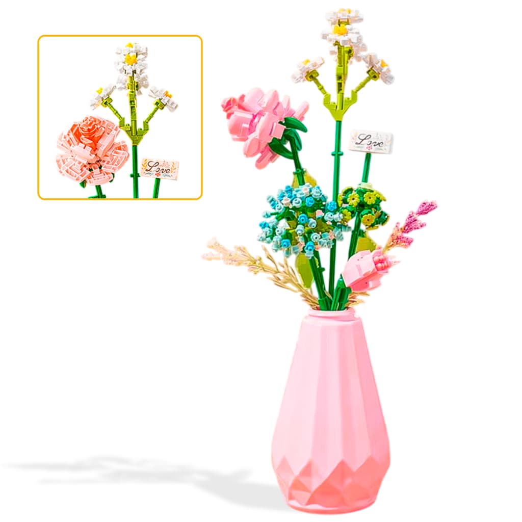 Buquê Com Vaso De Flores Em Blocos De Montar Decorativo