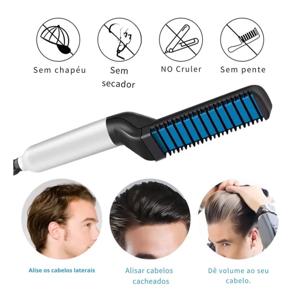 Escova Alisadora Elétrica Para Barba e Cabelo Masculino Pente Portátil