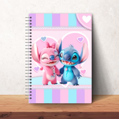 CADERNO UNIVERSITÁRIO 96 FOLHAS STITCH / ANGEL - ARAME PRATA FOLHAS PAUTADA , STIT, STITE, ANGEL