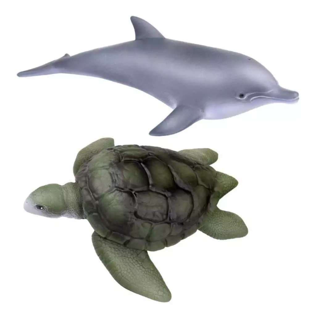 Kit  Brinquedos Animais Marinhos Vinil Premium | Tartaruga 20cm + Golfinho 27cm