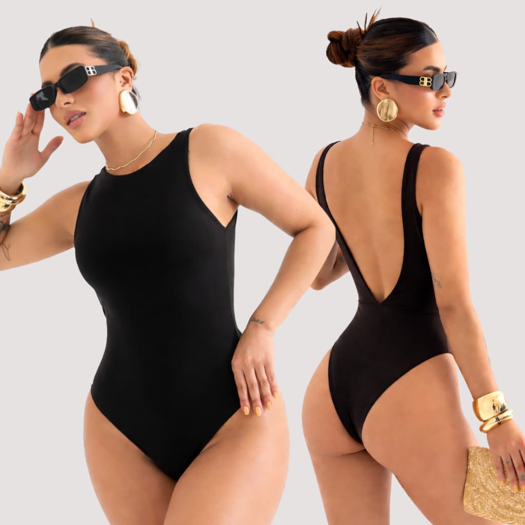 Maiô Body Bodi  Modelador Moda Praia Natação Piscina Hidroginástica Collant Biquine Bore Preto Suplex Premium Feminino