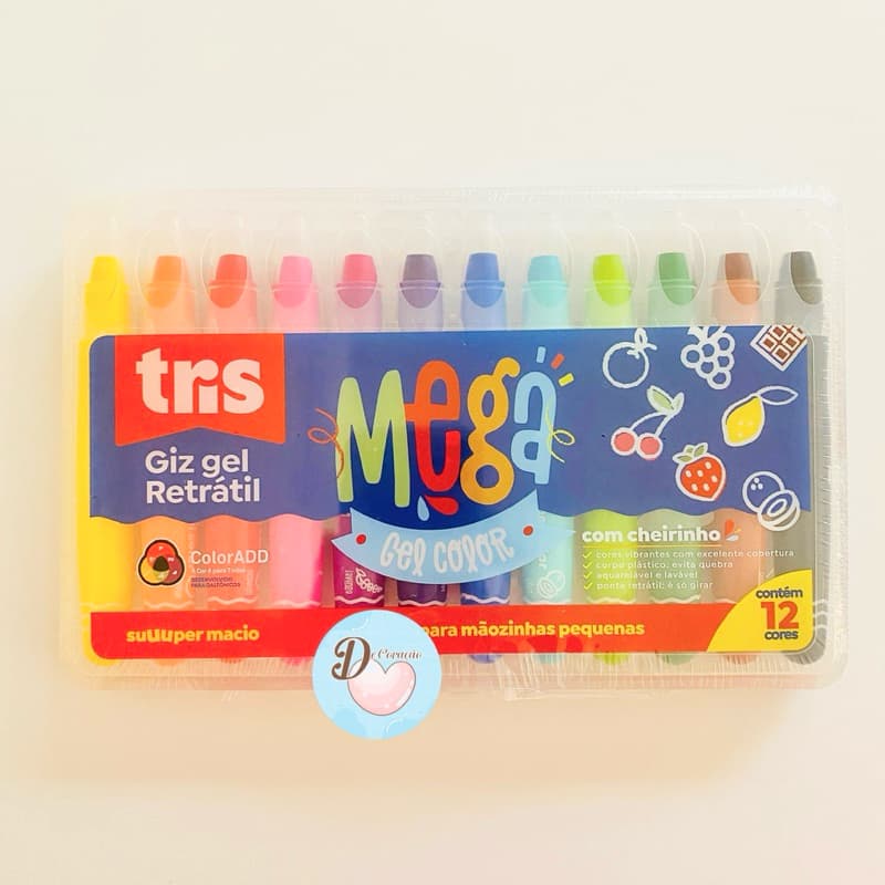 Giz Retrátil Mega Gel Tris - 12 cores - Escolar e Artesanato