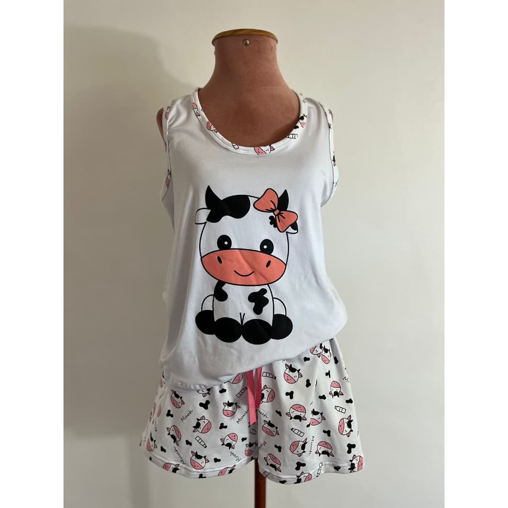 Pijama Vaquinha Baby Dool Adulto Infantil Juvenil Material de Suede Regata e Short Verão Feminino