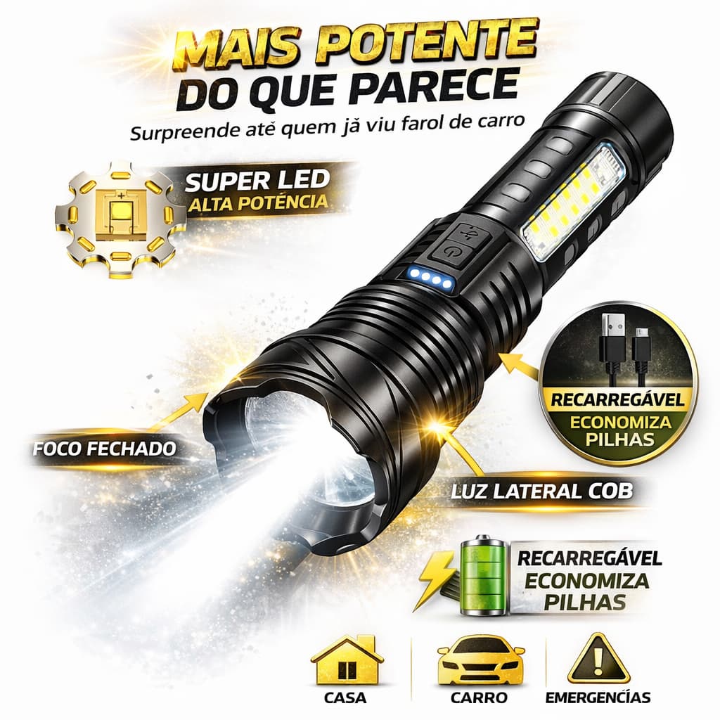 Lanterna Profissional Recarregável Luz de Led Zoom Potente 8 Horas de Autonomia Cor Preto