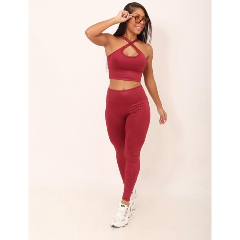 Conjunto Academia Cropped Canelado 3D poliester Feminino Fitness treino legging top 3D verão 2026