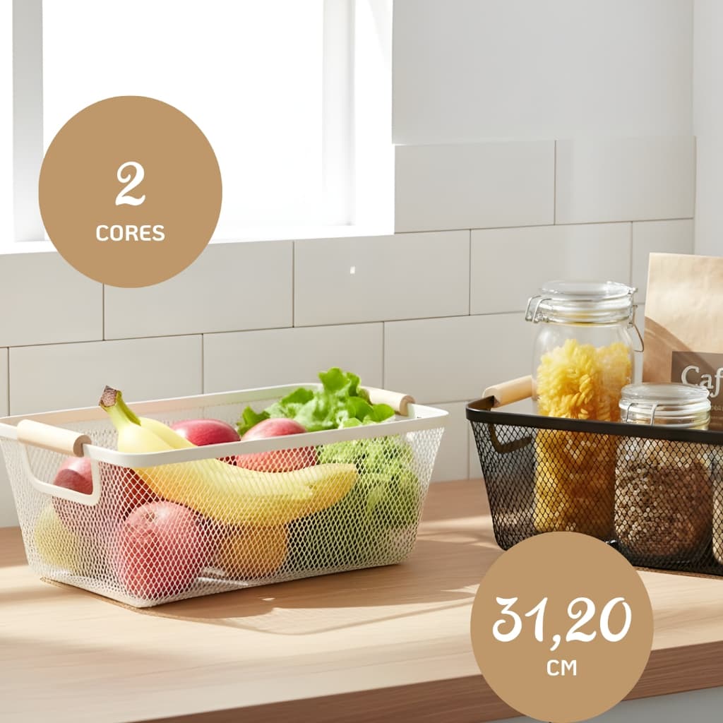 Cesto Organizador 31,20cm Telado c/ Alça Alimentos Utensílios Preto Branco Moderno Multiuso