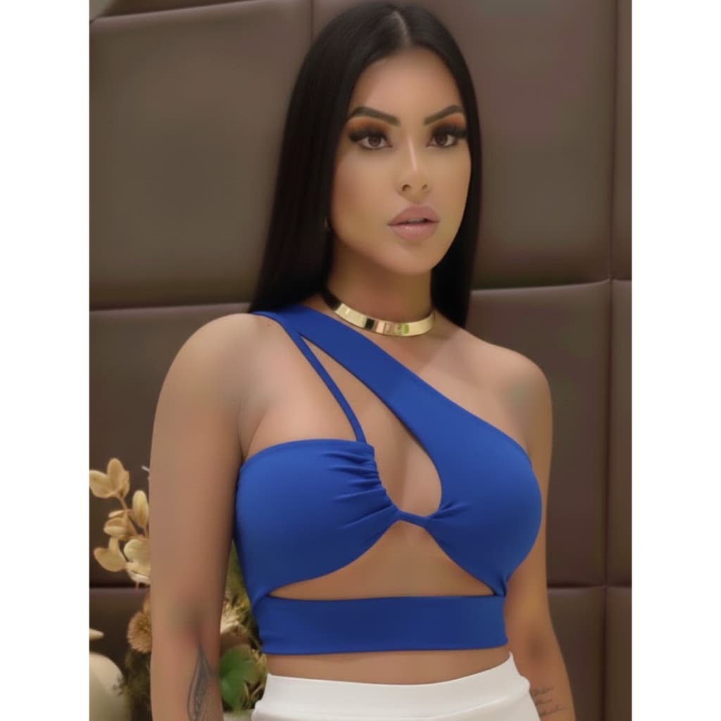 Cropped Feminino Suplex com Bojo – Alça Assimétrica e Transparência Fashion