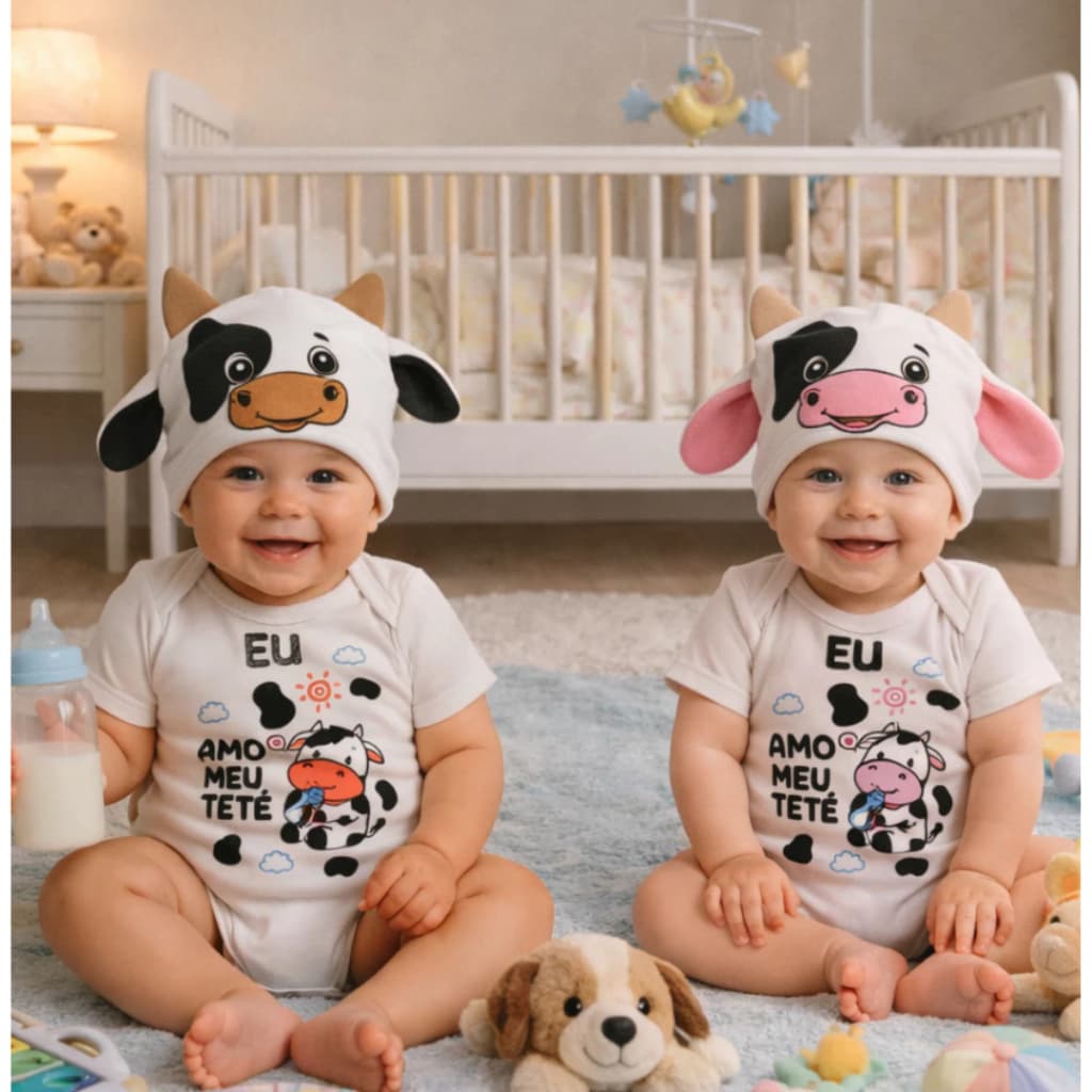 Body Bebê Temático Amo tete Vaquinha fazendinha Mesversario animais– 100% Algodão, Manga Curta