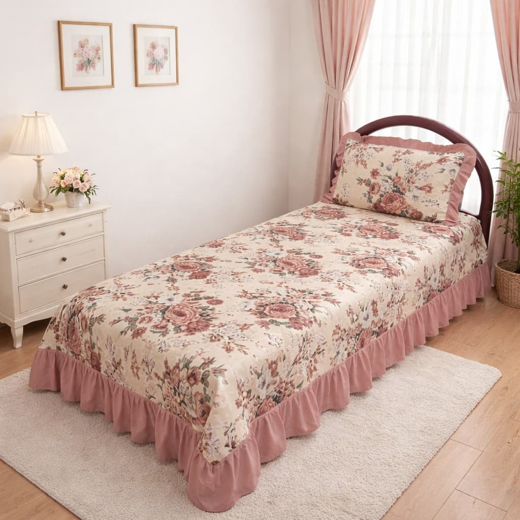 Kit Cobre-Leito Solteiro Piquet Decorativo com Babado – Tecido Fino Leve Sem Matelassê 2 Peças