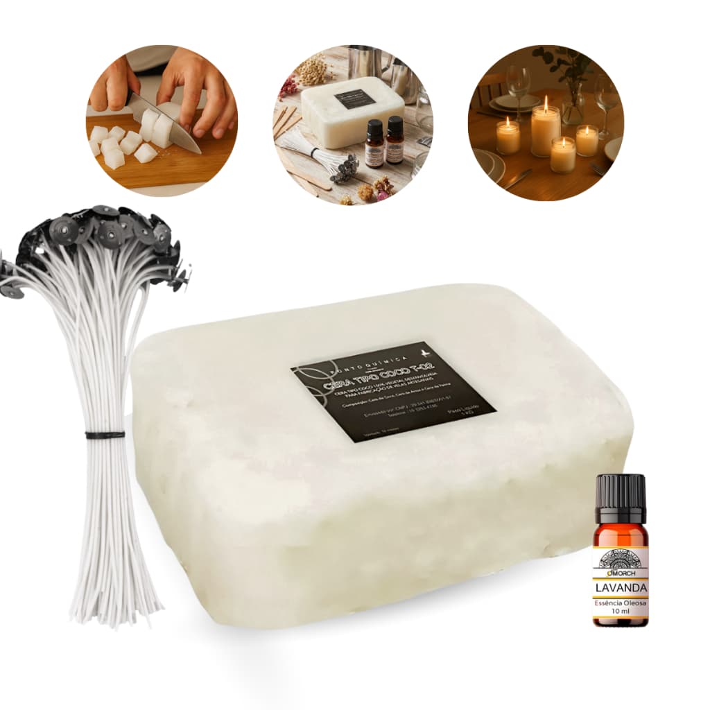 KIT Cera de Coco T02 + 35 Pavios de 12cm + 10ml Essência Kit de Velas Escolha a Essência
