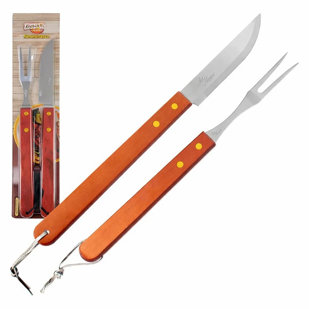 Kit Churrasco Faca E Garfo Inox E Madeira 2 Peças Grill 38cm