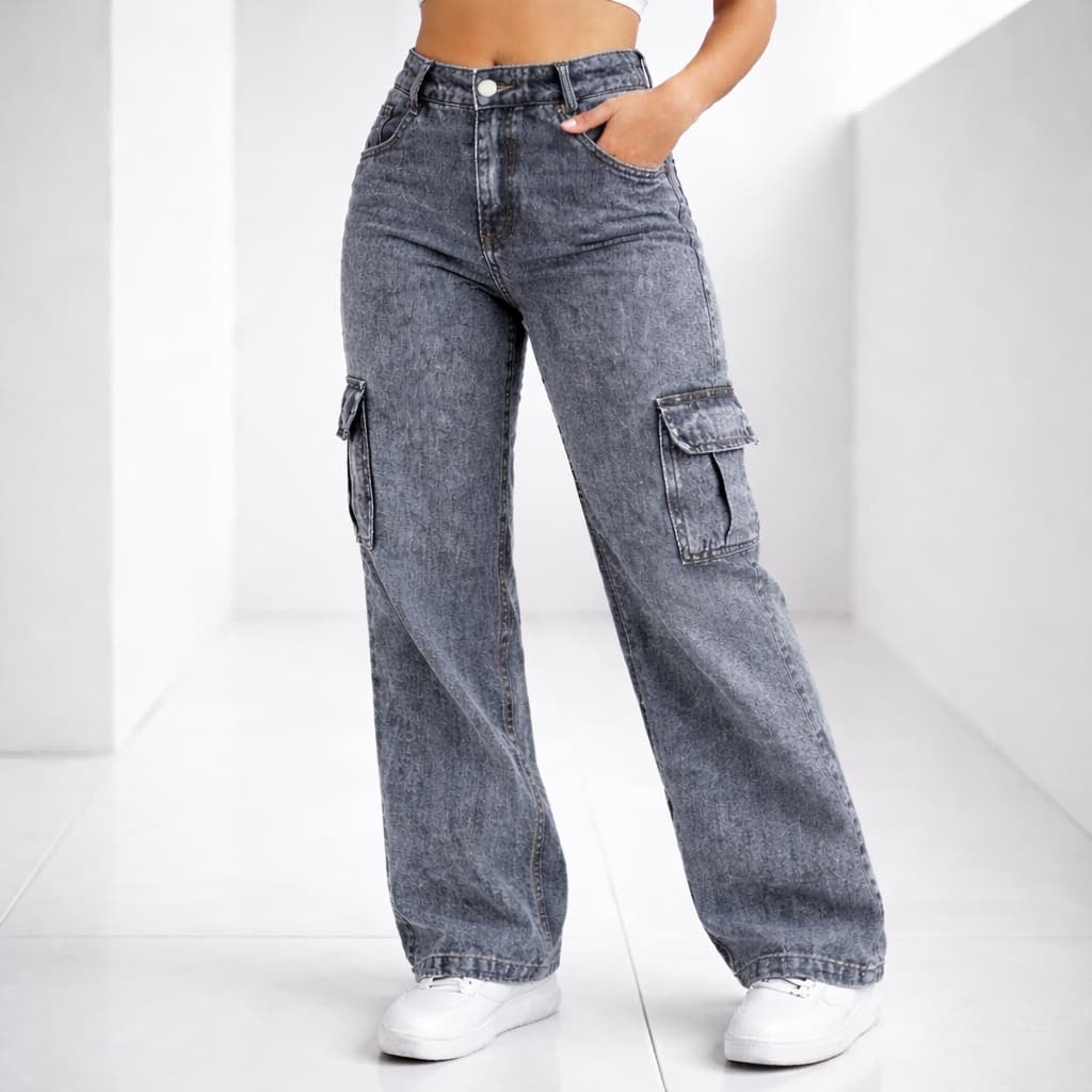 Calça Jeans Feminina Wide Leg Cargo Grafite Marmorizada
