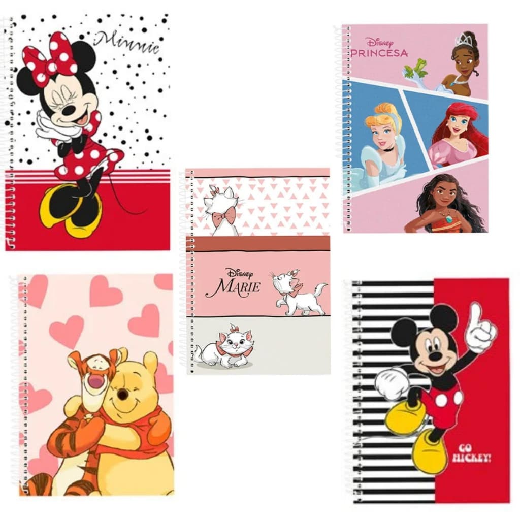 Kit 2 Cadernos Disney 80 folhas Mickey Minnie/ Princesas / Ursinho Puff Gata Marrie