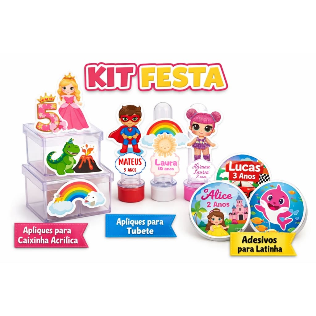 Kit festa personalizado 10 tags caixa de acrílico 5x5 ou 4x4cm/10 tag tubete/10 adesivos 5x5cm aniversário chá revelação