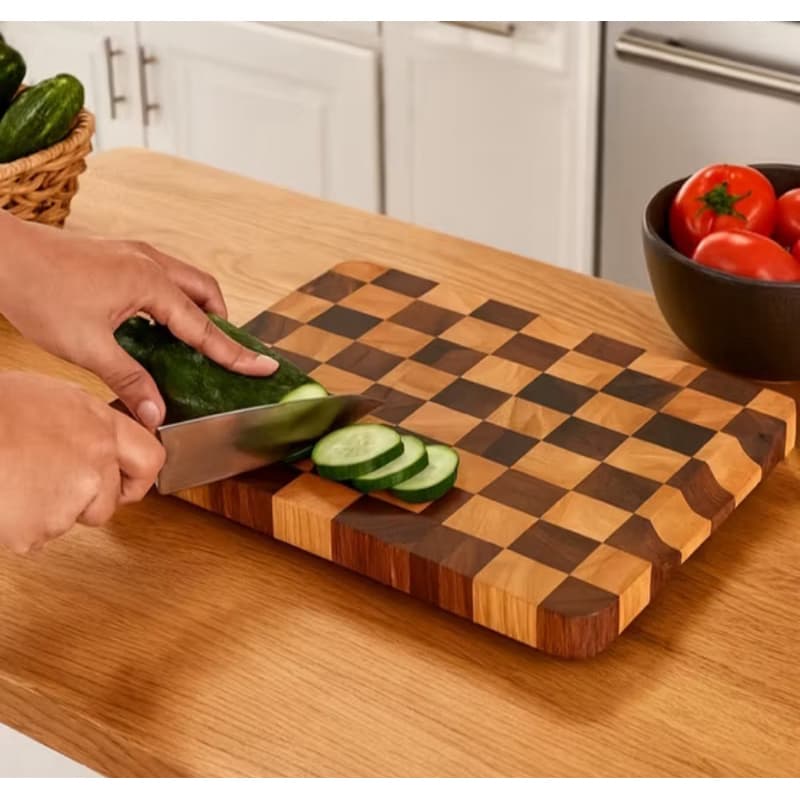 Tábua de Corte de Madeira Nogueira Xadrez 38cm x 25cm x 3cm Tábuas de Cortar Cozinha Gourmet