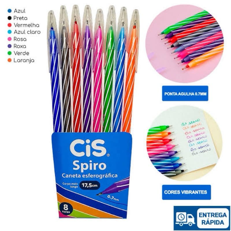 Caneta Esferográfica CIS Spiro Tradicional – Kit com 8 Cores – Escrita Macia