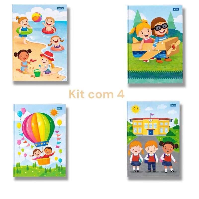 Kit acom 4 Caderno Infantil Brochura 60 Folhas Foroni Estampa Colorida Crianças | Ideal para Escola