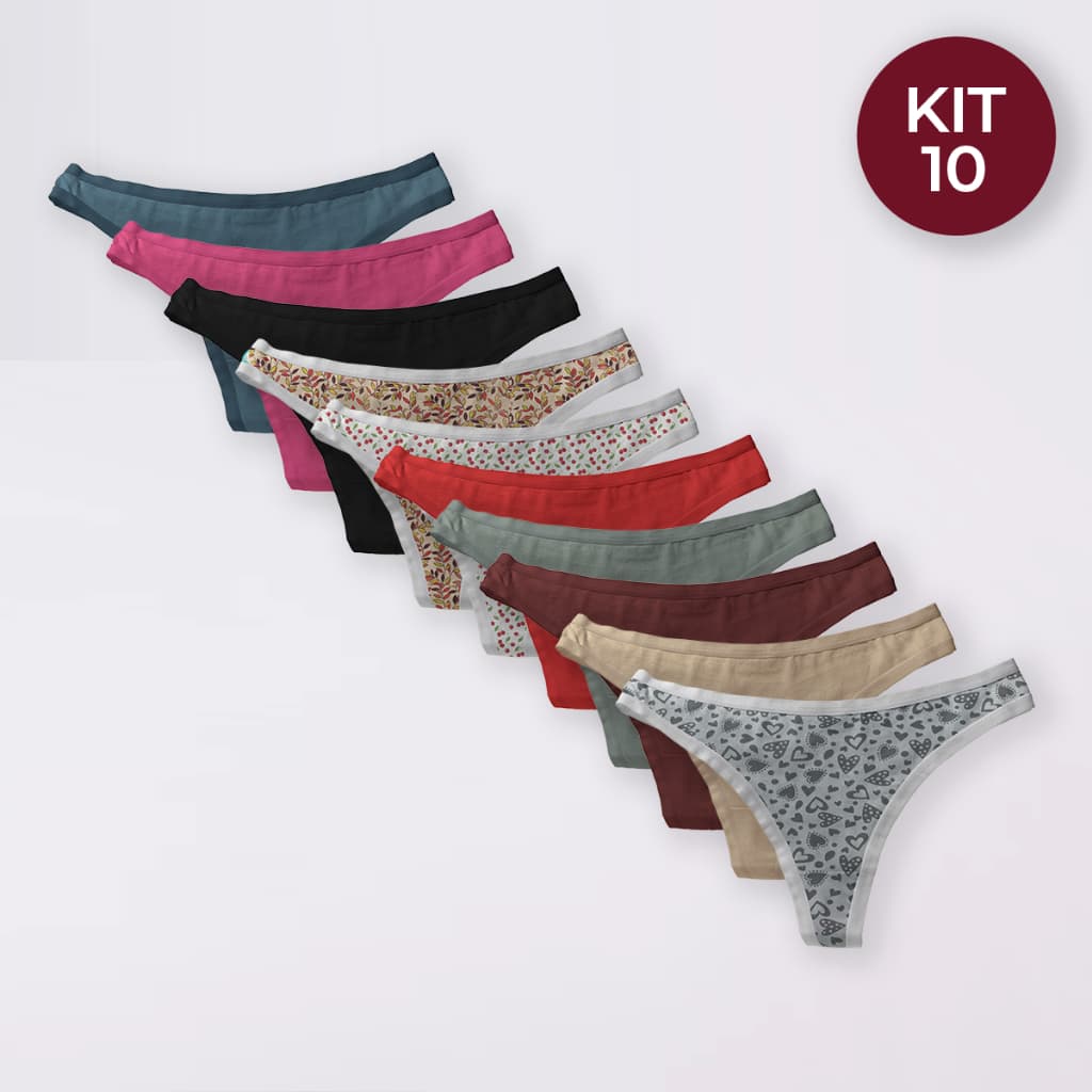Kit 10, 5, 3 Calcinhas Tanga 100% Algodão Feminino Adulto com Viés Para Dia a Dia