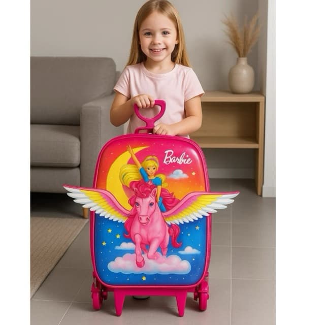 Mochila Escolar Infantil Bolsa Pegasus Bagagem Mala Viagem Personagem Rosa Leva Roupa Material Rodinha Mochila