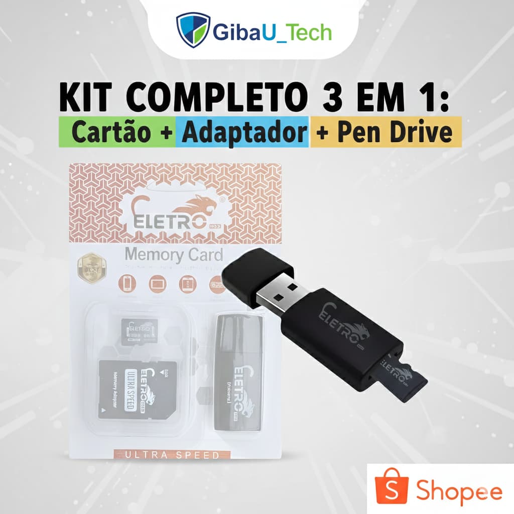 Cartão de Memória 64GB Micro SD Classe 10 Ultra + Adap. SD + Leitor USB Pen Drive Eletro MEX