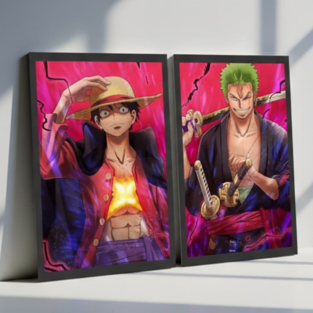 Quadros Decorativo Luffy Zoro One Piece Anime Moldura Sala Quarto Kit 2 peças
