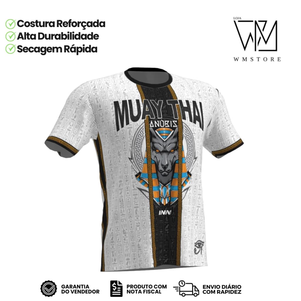 Camiseta Unissex Muay Thai Anúbis Branco Manga Curta