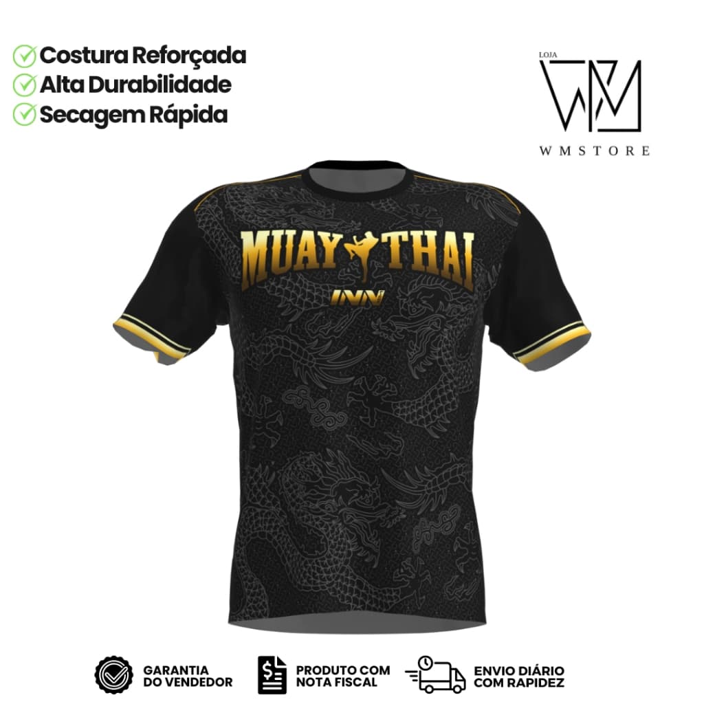 Camiseta Unissex Muay Thai Dragon Thai Dourado Manga Curta
