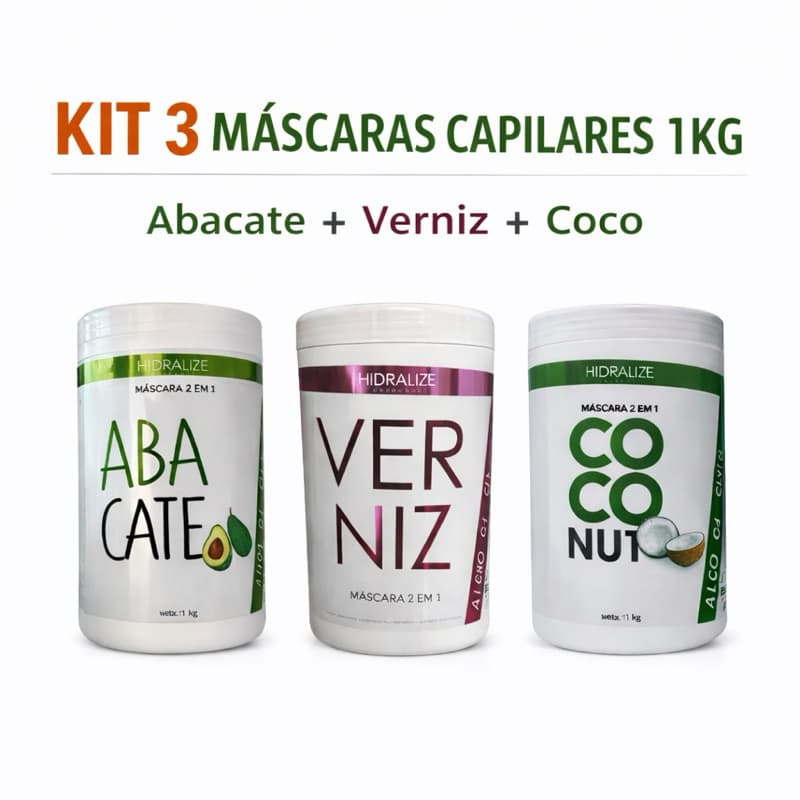 Kit 3 Máscaras Capilares 1kg Abacate Verniz Coco | Hidratação, Brilho, Nutrição e Força
