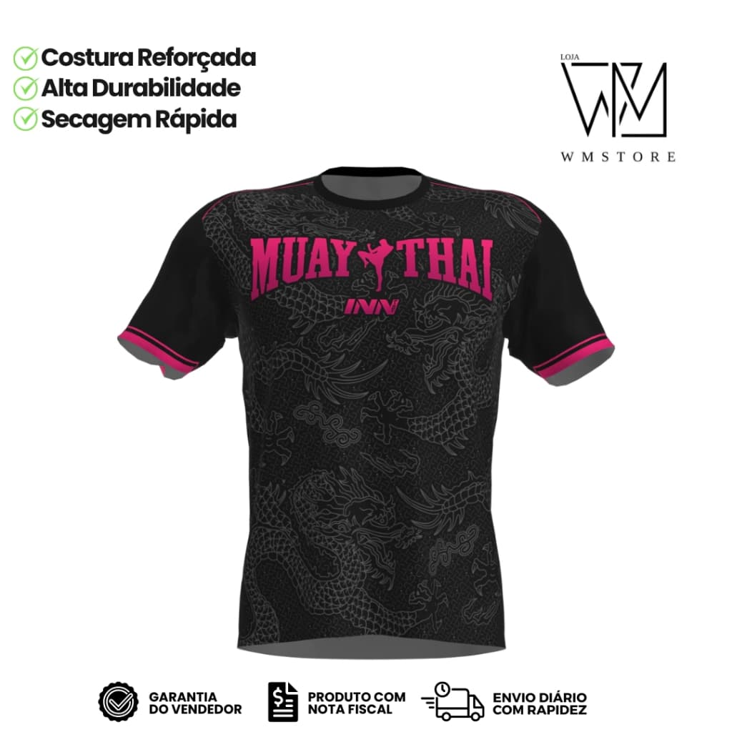 Camiseta Unissex  Muay Thai Dragon Thai Rosa Manga Curta
