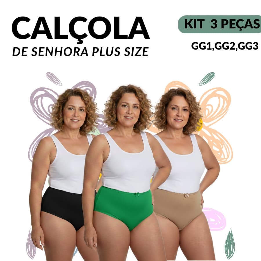 Calçola Plus Size 100% Algodão KIT 03 Senhoras Calçinha Algodão Tecido Antialérgico Calcinha da vovó