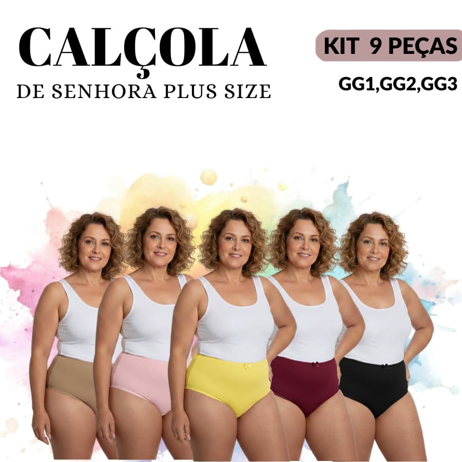 Kit 09 Calçola calcinha Senhora Plus Size Feminino Conforto Algodão , Elástico Rebatido Tecido Antialergico