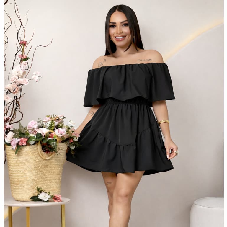 Vestido Feminino Ombro a Ombro  Curto Rodado Moda Verão Elegante Casual Festa pronta engtrega