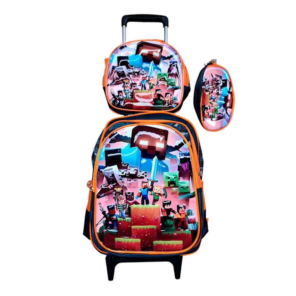 Kit Mochila Minecraft em 3D com Rodinhas + Lancheira Térmica + Estojo Escolar