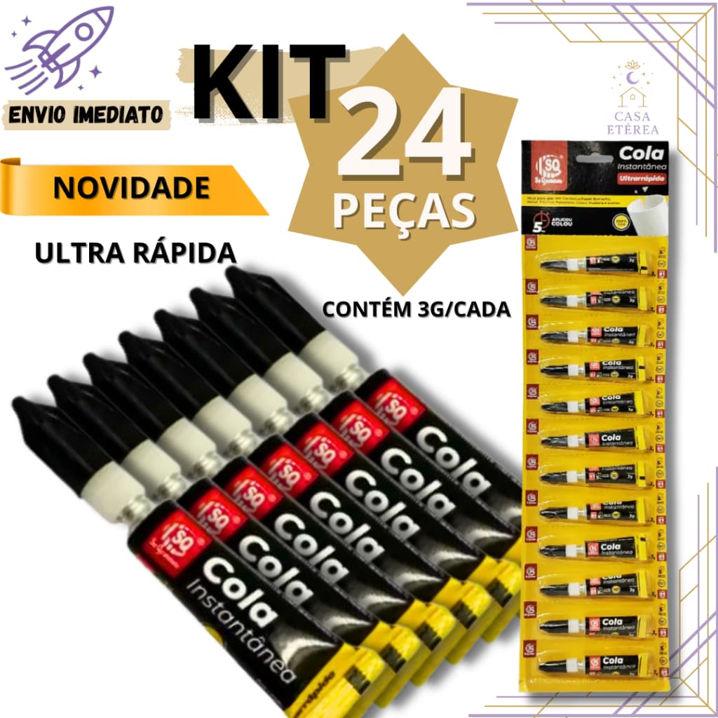 Kit 24 Cola Instantânea Super Forte 3g Secagem Rápida para Reparos Plástico Borracha Vidro  Metal