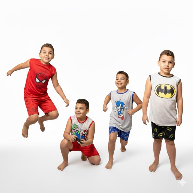 Kit 2 Pijama Infantil Masculino Regata Personagens | Kit Escolha os Seus | Malha Confortável | Verão Menino