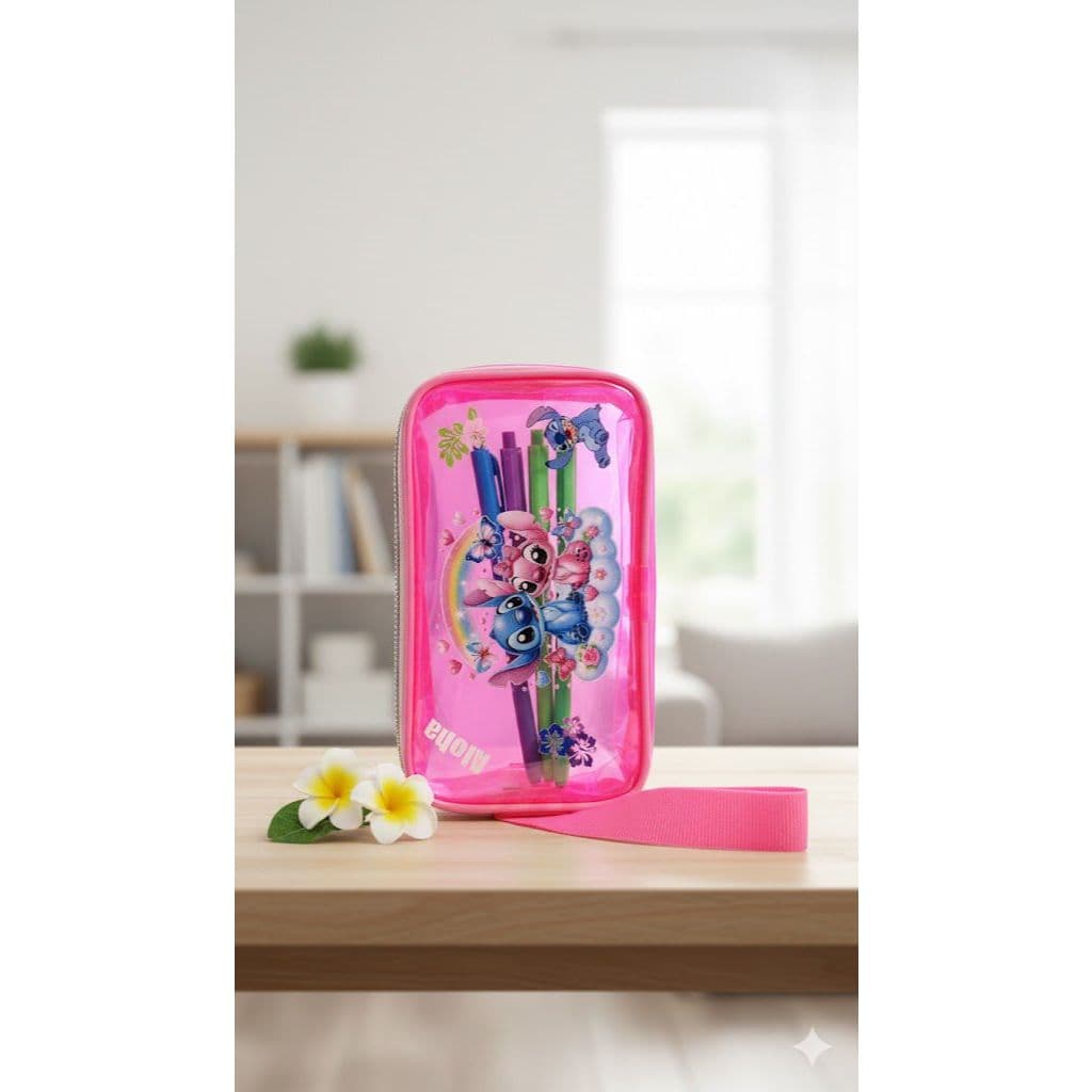 Estojo Stitch e Angel Transparente Rosa com Divisória Dupla Zíper