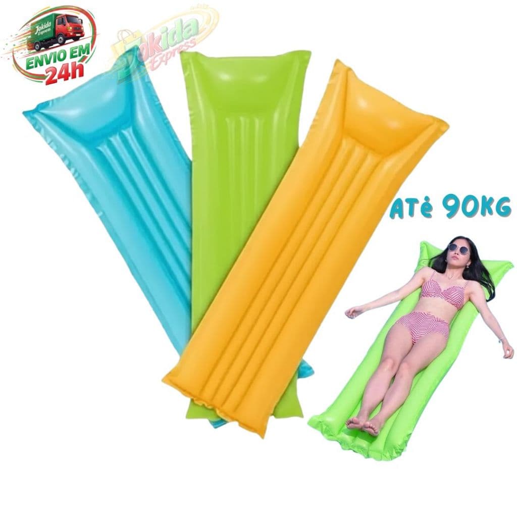 Boia Colchão Inflável 1,83mX69cm para Piscinas e Praias Cores Sortidas 3 Cores Disponiveis Sol Verão Até 90kg Peso