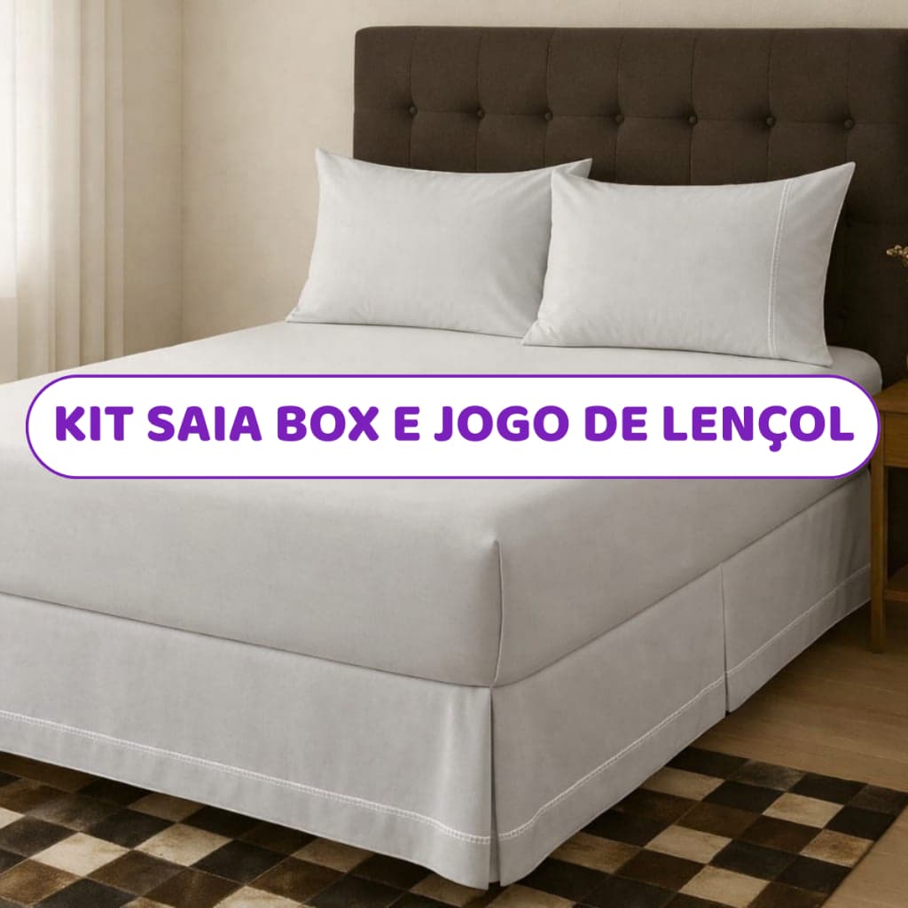 KIT SAIA E LENÇOL PARA CAMA BOX SOLTEIRO CASAL QUEEN SIZE PERCAL 200 FIOS COM PONTO PALITO