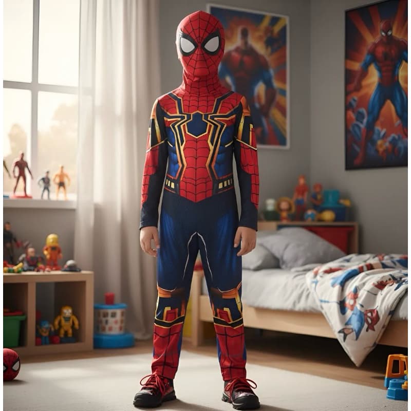 Roupa Infantil Fantasia Longa Com Enchimento E Mascara De Pano Do Homem-aranha Dourado