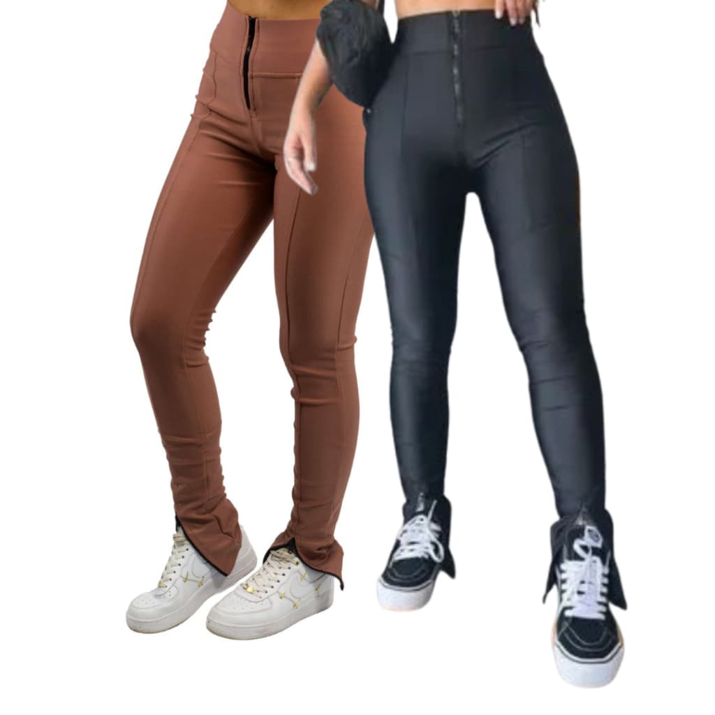 kit 2 Calças Legging Feminina Cintura Alta Suplex Max Power com Zíper Frontal e Zíper nas Pernas
