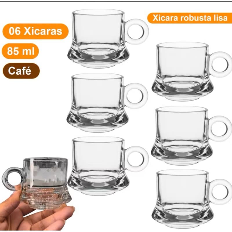 Kit Caneca de Vidro 6 Xícaras de Vidro Cafézinho Robusta Lisa 85ml Mesa Posta Máquina Escritório