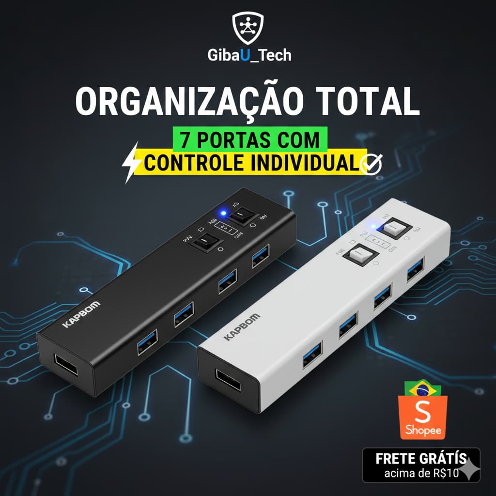 Hub USB 2.0 Adaptador Extensor 7 Portas Multi High Speed Com Chave Seletora Individual Kapbom KA-H7U