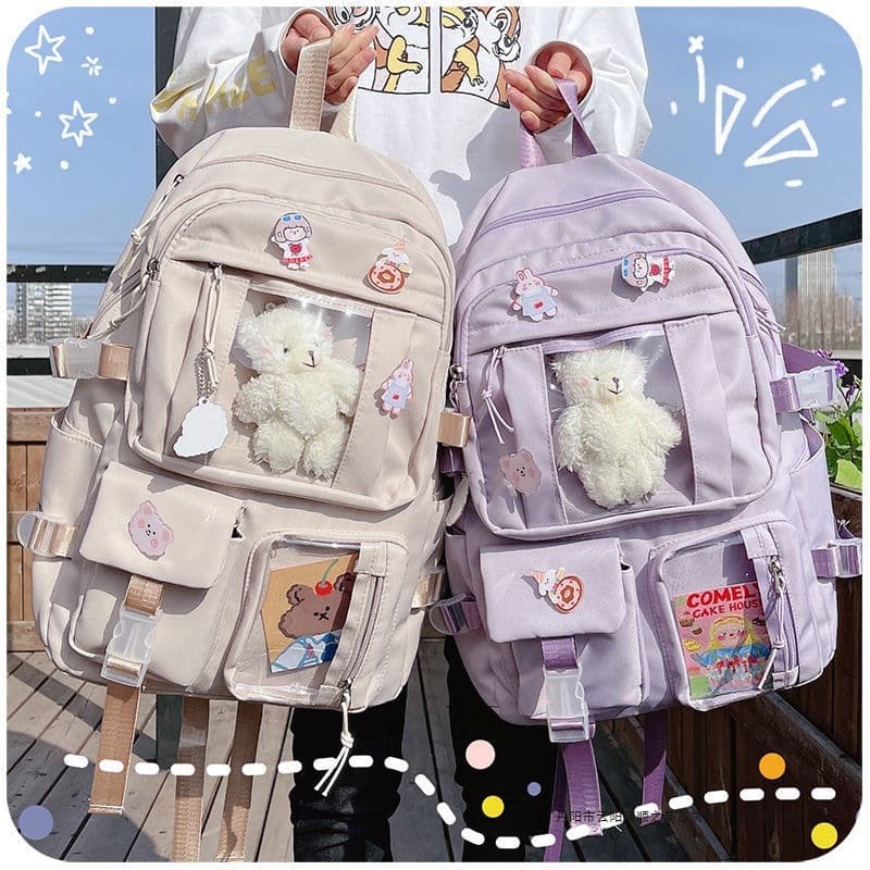 Mochila Feminina Escolar Passeio Coreano Grande Capacidade Com pingente de urso(Sem pingente)