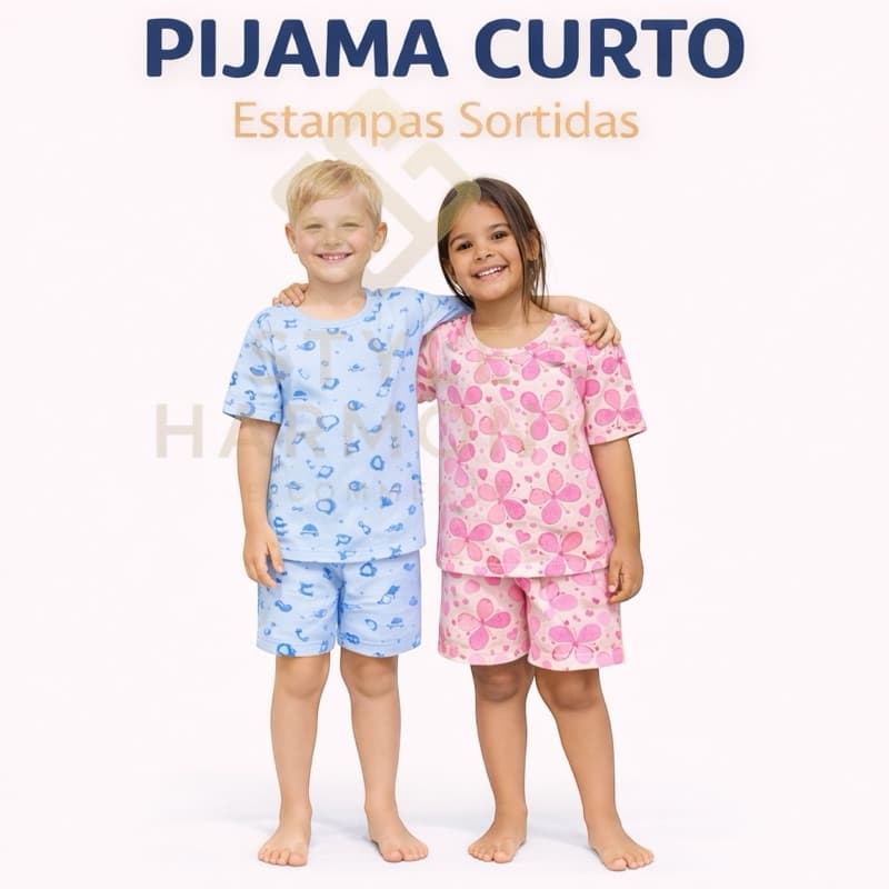 Kit até 03 Pijama Infantil 100% Algodão 02 ao 10 Short e Manga Curta Estampas Divertidas