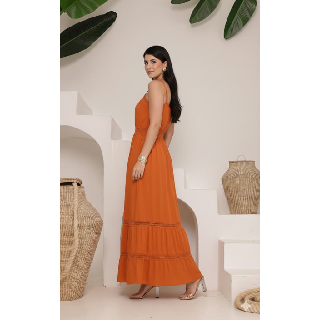 Vestido Longo Feminino Elegante com Botões Frontais e Cintura Marcada
